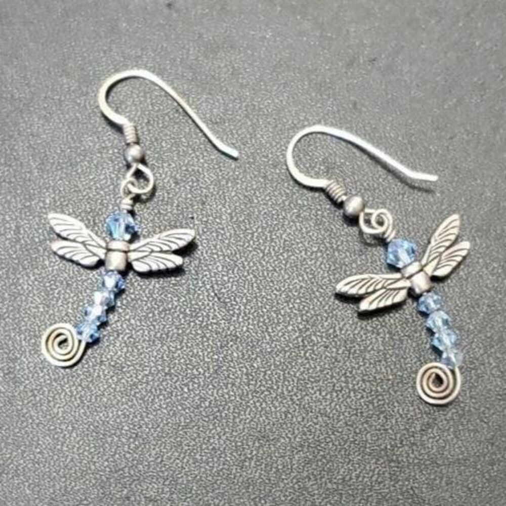 Sterling Silver Accented Blue Beaded Dragonfly Dangling Earrings Artisan